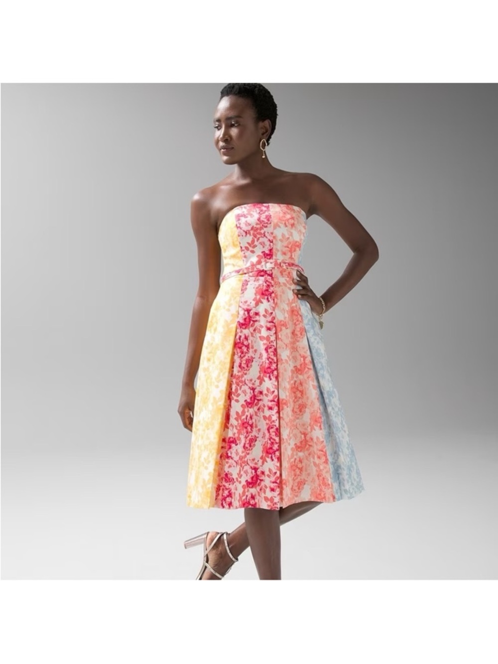 WHBM Strapless cotton Floral Panel Midi for and flare Dress in  Multi color